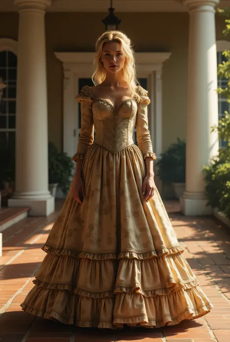 A beautiful blonde American Southern woman, dressed in Southern dress, a huge Southern skirt, stands in the foyer of a stately plantation house, North against South  -imagine - 