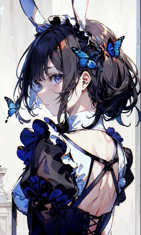  butterfly with 、gorgeous、 upward composition 、 upper body、 rabbit ears 、Maid group 、 simple background、 back to camera 、look back