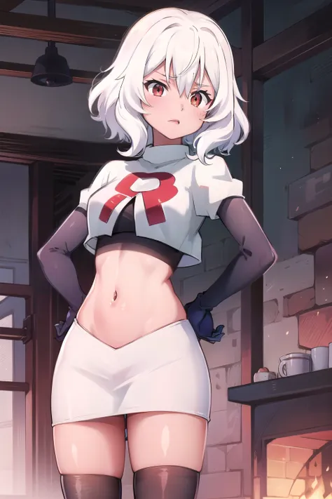Altria Grem, team rocket,team rocket uniform,white skirt,red letter R,crop top,black thigh-highs,black elbow gloves