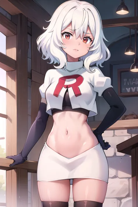 Altria Grem, team rocket,team rocket uniform,white skirt,red letter R,crop top,black thigh-highs,black elbow gloves