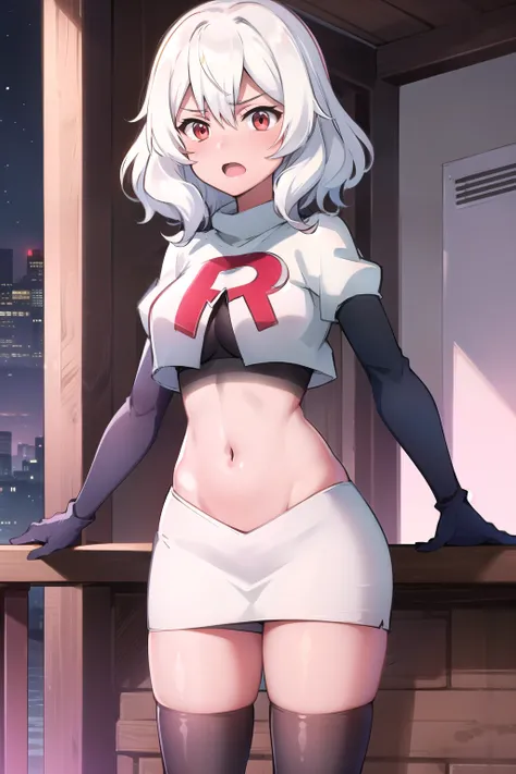 Altria Grem, team rocket,team rocket uniform,white skirt,red letter R,crop top,black thigh-highs,black elbow gloves