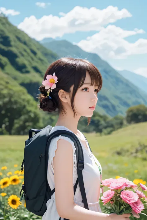  carrying a backpack、Cartoon girl with flowers in her hair , Shinoda and Ko anime illustration, Pixiv, ukiyo-e, Complicated anime girl K-ON HIKE ！ euphonium,  anime style 4k with AK5 rifle,  SHORT HAIR IN PROFILE ,  cute girl anime visual,  Anime Style Art...