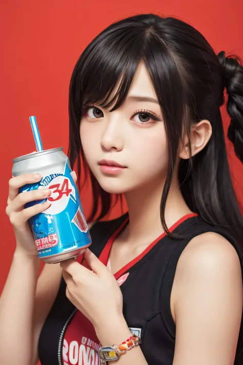 a close up of a person holding a can of soda, Shinoda and Ko anime illustration, Pixiv, Toyism,  anime girl drinks energy drink,  technical vest worn by a soda-themed girl ,  Best Anime 4K Conachan Wallpaper  ,   illustrations inspired by Decora  ,  person...