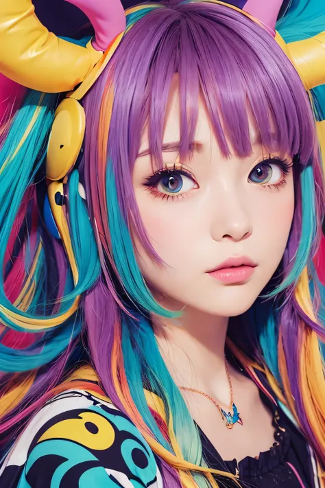 a close up of a poster with a woman in a  colorful dress, Lisa Frank & Murase Sho ,  persona art style,  anime graphic illustration,   illustrations inspired by Decora  , Complicated anime girl K-ON HIKE ！ euphonium, Anime Abstract Art ,  colorful!  Charac...