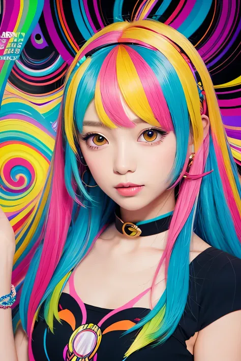 a close up of a poster with a woman in a  colorful dress, Vector art inspired by Murakami Kodake , Pixiv, Toyism, Lisa Frank & Murase Sho ,  persona art style,  anime graphic illustration,   illustrations inspired by Decora  , Complicated anime girl K-ON H...