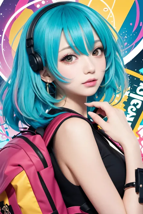 Close up of a person with colorful hair and a backpack, There is a woman wearing a reol ,  persona art style,  anime style 4k with AK5 rifle,  Official Artwork ,  anime cover ,   illustrations inspired by Decora  , Anime Abstract Art ,  cute girl anime vis...