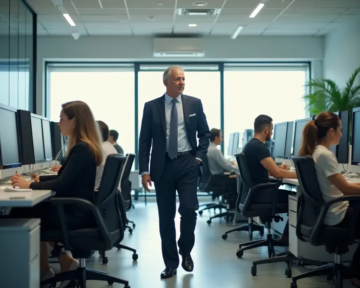 A professional office space where multiple employees are seated at their desks, working diligently on computers. The company CEO, dressed in formal attire, is walking through the room with a confident and approachable demeanor, observing the employees' wor...