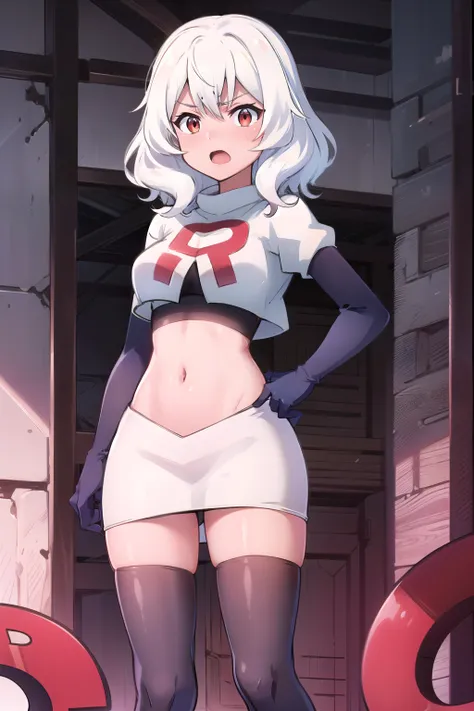 Altria Grem, team rocket,team rocket uniform,white skirt,red letter R,crop top,black thigh-highs,black elbow gloves
