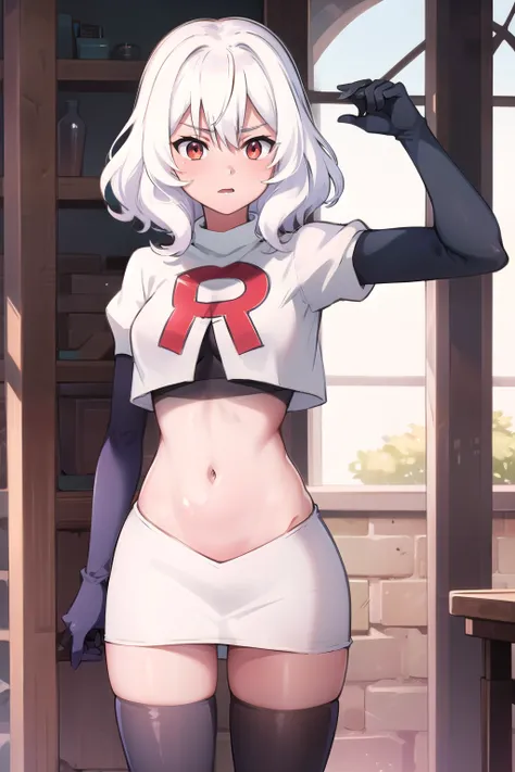 Altria Grem, team rocket,team rocket uniform,white skirt,red letter R,crop top,black thigh-highs,black elbow gloves