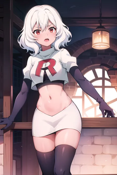 Altria Grem, team rocket,team rocket uniform,white skirt,red letter R,crop top,black thigh-highs,black elbow gloves