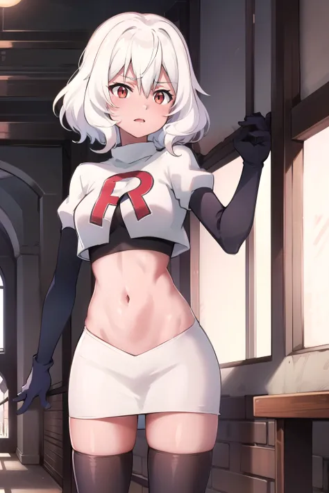 Altria Grem, team rocket,team rocket uniform,white skirt,red letter R,crop top,black thigh-highs,black elbow gloves