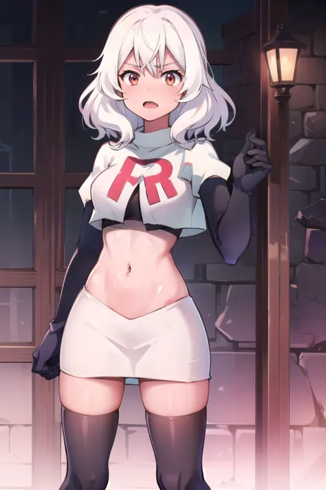 Altria Grem, team rocket,team rocket uniform,white skirt,red letter R,crop top,black thigh-highs,black elbow gloves