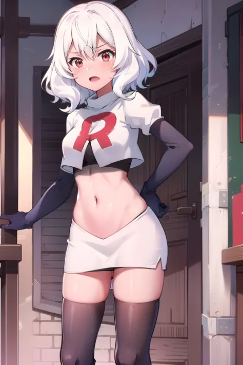 Altria Grem, team rocket,team rocket uniform,white skirt,red letter R,crop top,black thigh-highs,black elbow gloves
