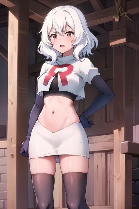 Altria Grem, team rocket,team rocket uniform,white skirt,red letter R,crop top,black thigh-highs,black elbow gloves