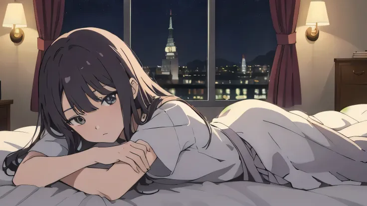 scene view,sky,anime style,on bed, house light ,night,, head rest, intense angle, curtsey,