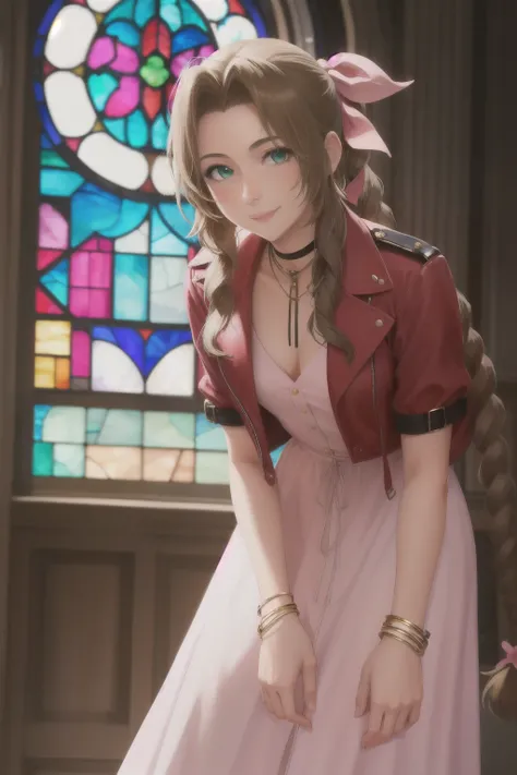 masterpiece, best quality, aerith gainsborough, choker, cropped jacket, hair bow, bracelet, pink dress, looking at viewer, leaning forward, smile, closed mouth, indoors, stained glass window 