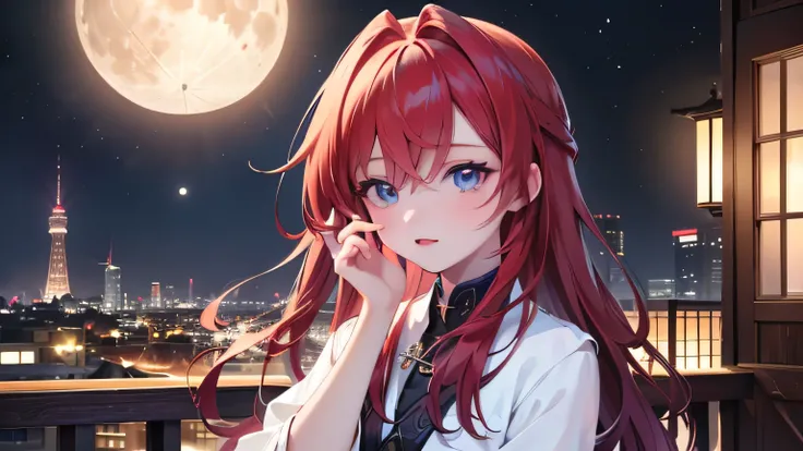 ((最 High Quality )), ((Masterpiece)), ( Details), 1 Girl, 8k resolution, is very detailed, High Quality , 1 Girl, beautiful Japanese woman,18 years old, , Detailed face, one woman, terrace, Moon, beautiful