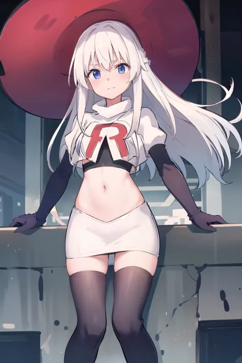 (masterpiece, best quality, highres),
elaina, hat, witch hat, solo, long hair, sky, witch, black headwear, looking at viewer, hair bundle, yellow hair band, team rocket,team rocket uniform,white skirt,red letter R,crop top,black thigh-highs,black elbow glo...
