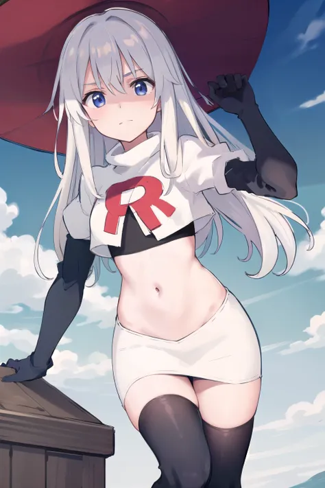 (masterpiece, best quality, highres),
elaina, hat, witch hat, solo, long hair, sky, witch, black headwear, looking at viewer, hair bundle, yellow hair band, team rocket,team rocket uniform,white skirt,red letter R,crop top,black thigh-highs,black elbow glo...