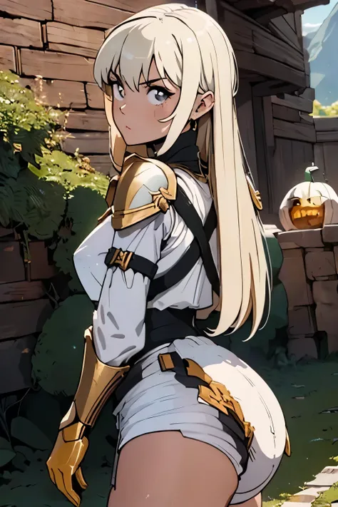 ((ultra-detailed)), (beautiful detailed eyes), (masterpiece), best quality, expressive eyes, perfect face, 1girl, knight, gold armour, white shirt, white skirt, black pantyhose, gold bracers, black gloves, plate armour, knee boots, blonde hair, long hair, ...