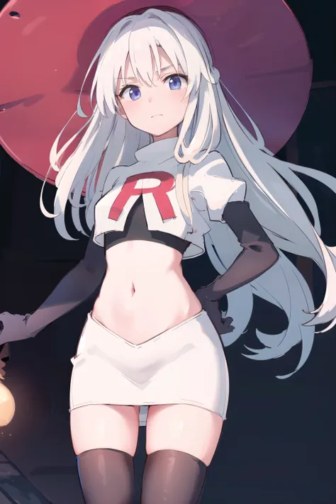 (masterpiece, best quality, highres),
elaina, hat, witch hat, solo, long hair, sky, witch, black headwear, looking at viewer, hair bundle, yellow hair band, team rocket,team rocket uniform,white skirt,red letter R,crop top,black thigh-highs,black elbow glo...