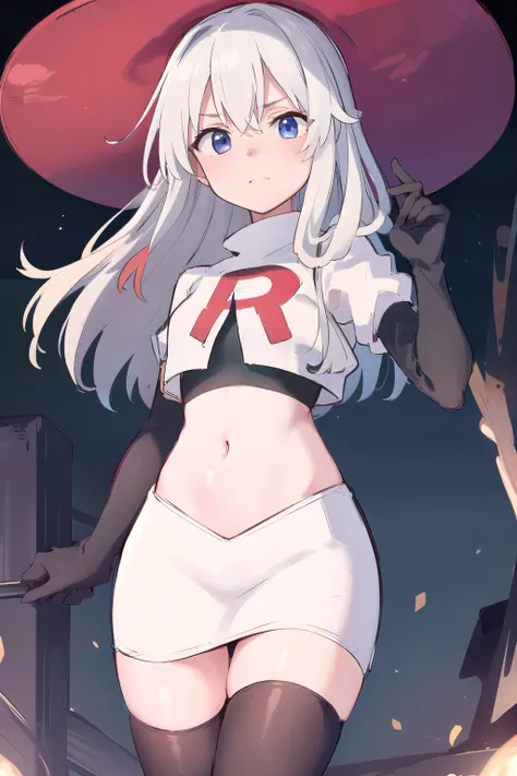 (masterpiece, best quality, highres),
elaina, hat, witch hat, solo, long hair, sky, witch, black headwear, looking at viewer, hair bundle, yellow hair band, team rocket,team rocket uniform,white skirt,red letter R,crop top,black thigh-highs,black elbow glo...