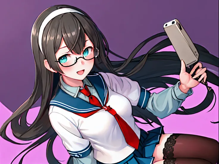 best quality, masterpiece, highres, solo, {ooyodo_kantaicollection:1.15}, black_hair, long_hair, glasses, hairband, semi-rimless_eyewear, under-rim_eyewear, blue_eyes, green_eyes, blush,small_breasts, 1girl, school_uniform, serafuku, pleats_skirt, looking_...