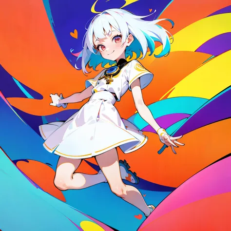 (ultra detailed,ultra high res,detailed background),((2D)),((flat color)),((colorful)),((floating colorful water)),1girl,solo,looking at viewer, Vector Art, Flattening, smooth line art, Minimalism, graphic design aesthetics, flat illustration, (masterpiece...