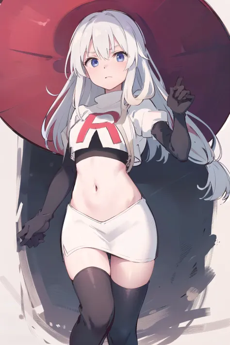 (masterpiece, best quality, highres),
elaina, hat, witch hat, solo, long hair, sky, witch, black headwear, looking at viewer, hair bundle, yellow hair band, team rocket,team rocket uniform,white skirt,red letter R,crop top,black thigh-highs,black elbow glo...