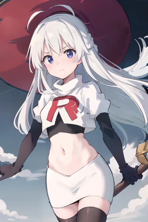 (masterpiece, best quality, highres),
elaina, hat, witch hat, solo, long hair, sky, witch, black headwear, looking at viewer, hair bundle, yellow hair band, team rocket,team rocket uniform,white skirt,red letter R,crop top,black thigh-highs,black elbow glo...