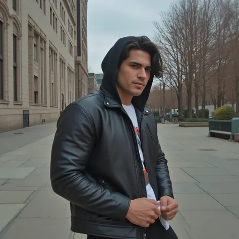  A side view of tall, athletic muscular man with messy black hair, and black leather jacket with black hood layered with white T-shirt, stands confidently in street corner with thoughtful expression and he is like he’s adjusting his pants, with some pale t...