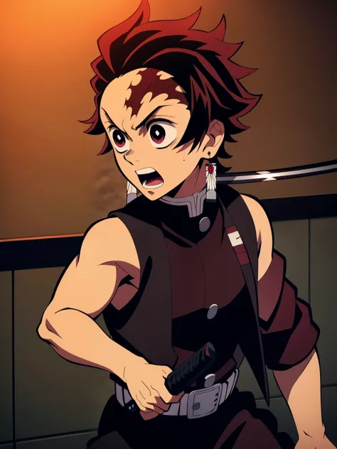 demon slayer, tanjiro, solo, open mouth, brown hair, Sleeveless shirt, 1boy, brown eyes, upper body, weapon, male focus, earrings, belt, sword, holding weapon, black jacket, scar, holding sword, katana, earrings, scar on face, kamado tanjirou, best quality...