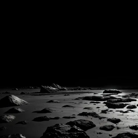 a black and white photo of a beach with rocks and water, moonscape, lunar landscape, moon surface background, moon surface, barren moon landscape, dark rocks, moon landscape, on the surface of the moon, an alien landscape view, on the surface of an asteroi...