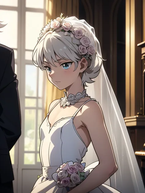 Highres, Masterpiece, Best quality at best,Best Quality,hight quality, hight detailed, Anime style, 1boy, Boy, Shota, Solo person, hansome, Messy hair, white hair, pose,(wedding dress:1.2), (long veil), Upper body, bra, Slim body, flat chest, Blurry beckgr...