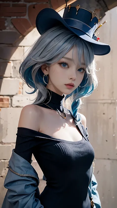 （masterpiece，“， 1 girl in the best，Alone， complicated details，Color Difference）， realism，（Moderate breathing））， off shoulder，big，巨big的山雀， sexy， eight emico ， long blue hair， silver hat ， Red Highlights， hair above one eye ，blue eyes， earrings，Sharp Eye，  P...