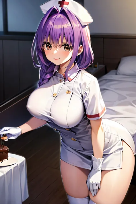 Kuwayama Chiyuki , stupid hair,  single blade,  shoulders with chocolate,  tea hair,  brown eyes,  big breasts, Alone,  Nurse, ((white  Nurse cap, white  Nurse's outfit)), (( white legwear,  absolute domain)),  white gloves , smile,  are standing, Hospital...