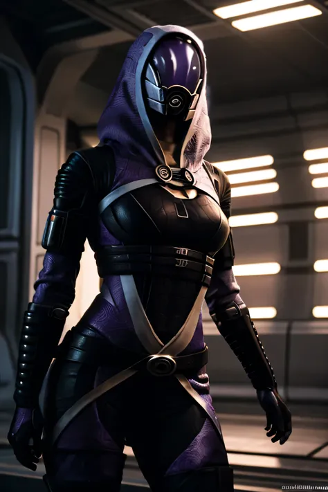 1 girl, Tali'Zorah nar Rayya,  Mass Effect, Tali'Zorah nar Rayya armor, cyberpunk armor, cinematic lighting, dramatic atmosphere, hyper-realistic, 8k, highest quality, masterpiece, детализированная попа, инопланетянка, кварианка, лицо закрыто шлемом с возд...