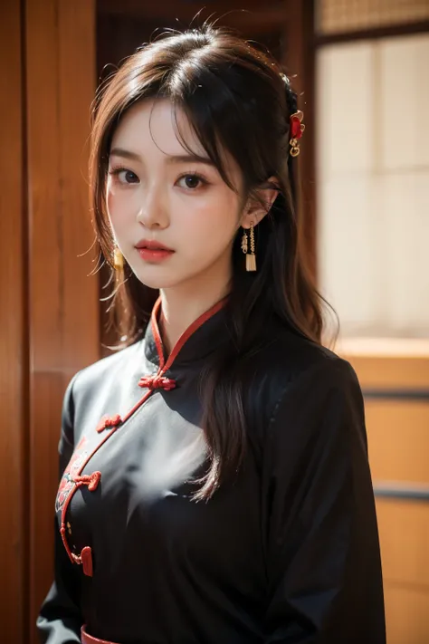 1girl, Solo, Long wavy Hair, Blush, beautiful, Looking at viewer, Black Hair, Jewelry, qi pao, traditional Chinese , k pop idol