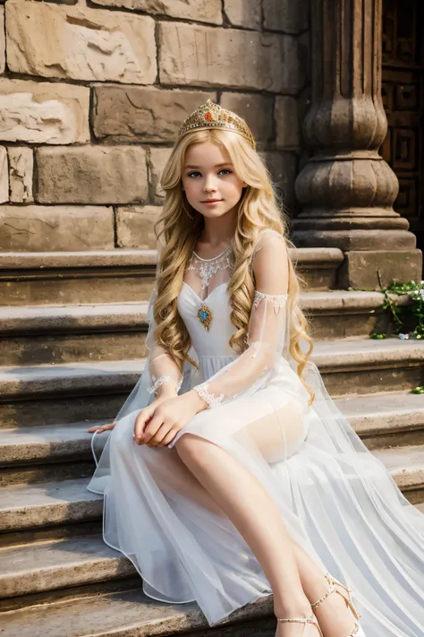 beautiful little medieval russian princess girl , long blonde wavy hair, transparent white dress, sittin o the stairs.