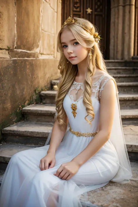 beautiful little medieval russian princess girl , long blonde wavy hair, transparent white dress, sittin o the stairs.