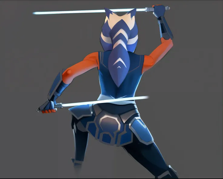 (masterpiece), (best quality), ahsoka tano from behind, order 66, deflecting, very low fight stance, mandalorian armor, blue lightsaber, minimalist art, abstract art print, solid colors, no lines