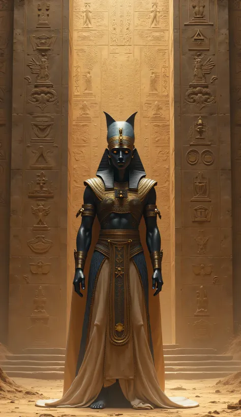 An Egyptian god in front of a pyramid wall with several hieroglyphics behind, not too vibrant but also not too gloomy palette,  High quality