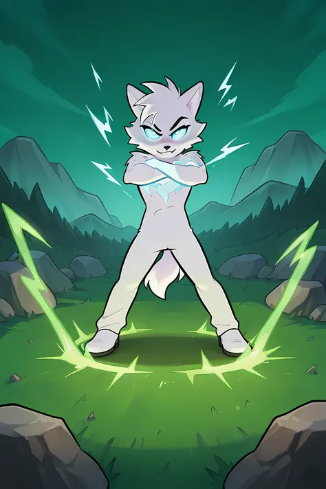 anime guy wolf with pale glowing fur, in grasslands, rock energy powers blast, rock bending powers, professionally drawn, danny phantom cartoon