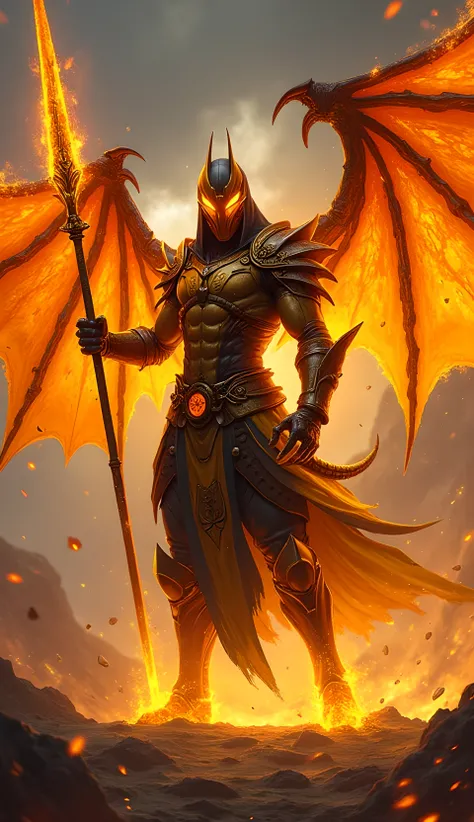 Scorpion, in his iconic yellow and black ninja armor, ascends as the ultimate Hellfire Hybrid infused with the power of Demon Lords. His fiery eyes blaze with demonic rage, and cracks of molten energy streak through his armor, adorned with glowing runes of...