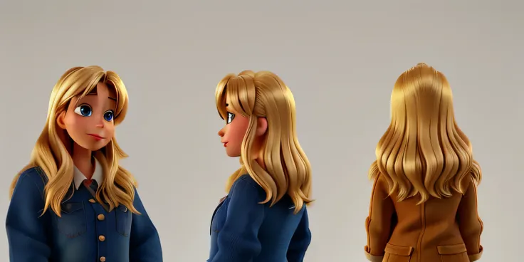  beautiful blonde woman cute brown eyes, Mouth shut in Disney Pixar style,  High quality,  best quality