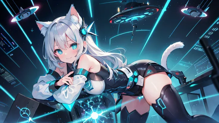 (masterpiece), (science fiction:1.4), 1girl, smile, (perverted), silver hair, aqua eyes, headgear, long sleeves, detached sleeves, glowing energy clothing, (energy particles:0.5), cat tail