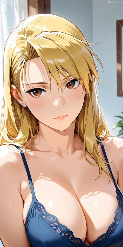 Masterpiece, mature woman, riza hawkeye, slim, upper body,camisole, ultra detailed, highres, absurdres, home, portrait, semi realistic 