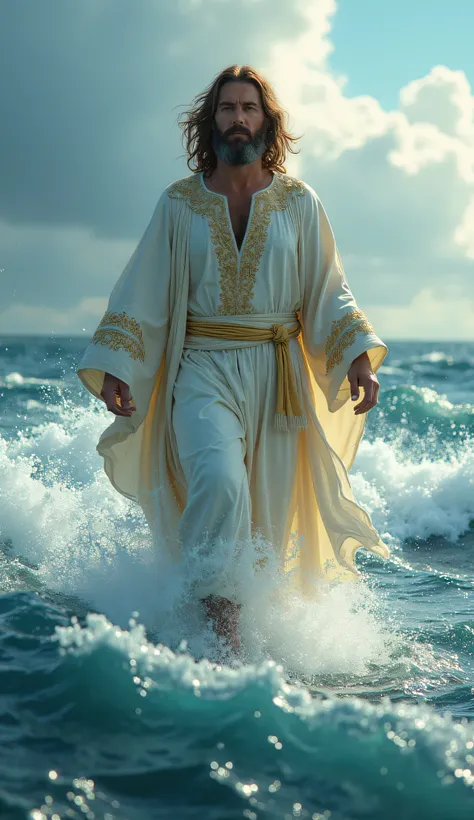 The image depicts an imposing and majestic man walking on the turbulent waters of an ocean. He is dressed in a long white robe adorned with details richly embroidered gold, which gives his attire an appearance of royalty or holiness. The gold in the embroi...