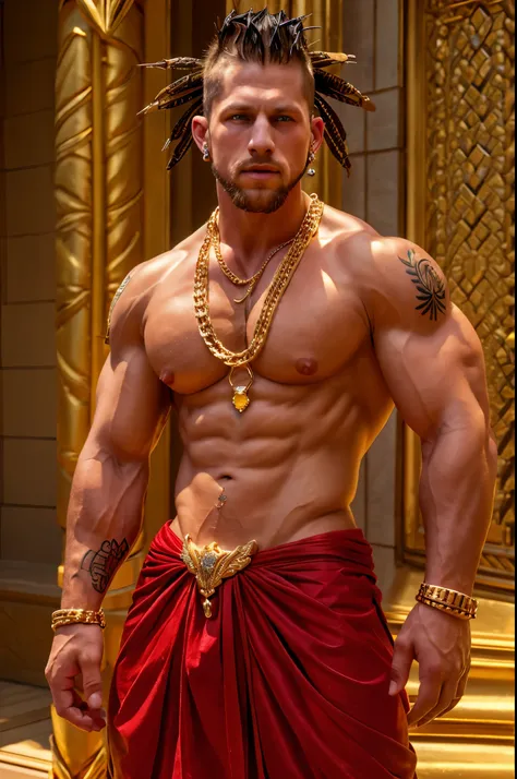 Roman Todd, mohawk, white skin, tattoos, huge muscles, beard, diamond earrings, huge breasts, swollen nipples, golden necklaces, golden armor, golden bracelets, tattoos, highly detailed, photorealistic, 8K, HDR,