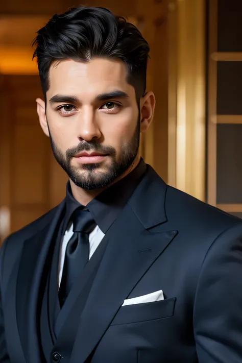  Create a realistic man with the following characteristics :  fair skin ,  green eyes ,  black hair and well-groomed , short and well-groomed beard .  His appearance must assimilate to a 40-year-old man . He will be wearing a navy blue suit.  This man must...